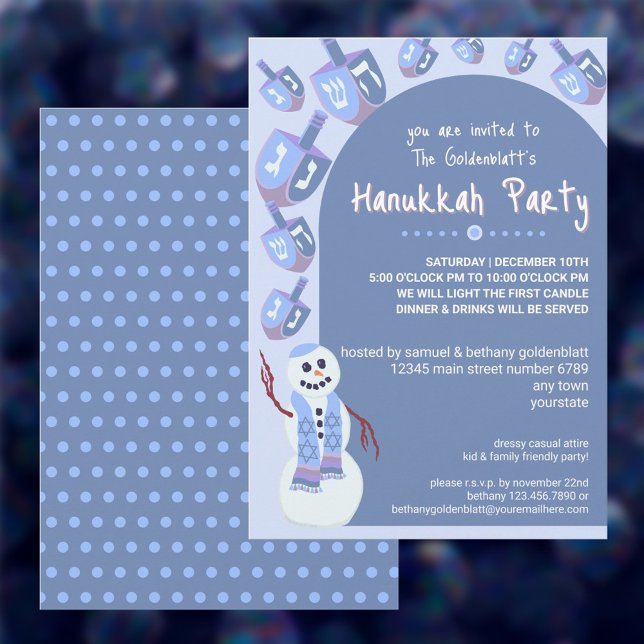 Convite Snowman Dreidels Festa Feriada Cute Hanukkah (These cute Hanukkah party invitations are adorable for kids parties and fun for adult gatherings too)