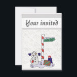 Convite Snowman e Polo Norte -<br><div class="desc">O boneco de neve está vestido com luvas e botões azuis. O boneco de neve está ao lado de um polo branco e vermelho com uma placa verde que diz "Polo Norte". Os presentes estão ao lado do polo. A neve branca está deitada no chão. Estes convites são uma forma...</div>