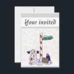Convite Snowman e Polo Norte -<br><div class="desc">O boneco de neve está vestido com luvas e botões azuis. O boneco de neve está ao lado de um polo branco e vermelho com uma placa verde que diz "Polo Norte". Os presentes estão ao lado do polo. A neve branca está deitada no chão. Estes convites são uma forma...</div>