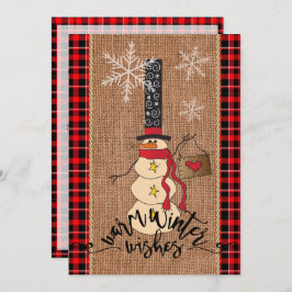 Convite Snowman Feliz Natal com Xadrez e Burlap