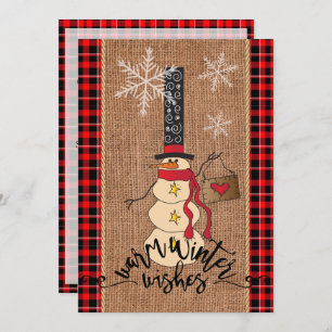 Convite Snowman Feliz Natal com Xadrez e Burlap