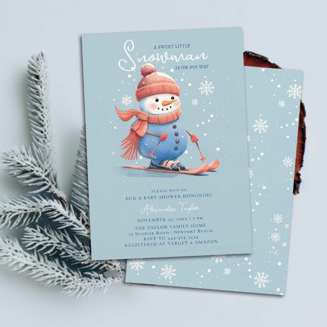 Convite Snowman no Skis Winter Sports Blue Boy Chá de fral (sweet little snowman winter baby boy shower invitation sports skiing snow snowflakes watercolor cute)