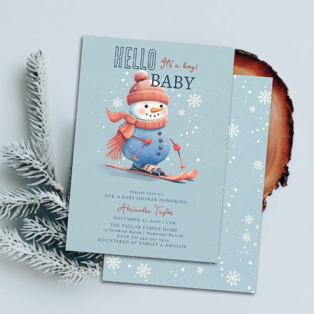 Convite Snowman Skiing Winter Sports Blue Boy Chá de frald (winter baby boy shower invitation sports ski snowman snowflakes snow watercolor cute sweet elegant)