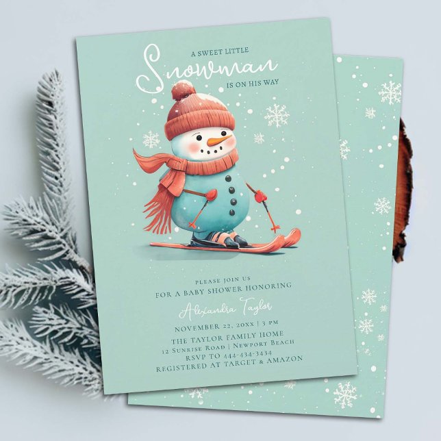 Convite Snowman sobre o Chá de fraldas de Teto Esportivo S (snowman boy baby shower invitation winter sports skiing watercolor cute adorable teal blue orange )