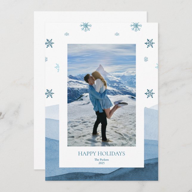 Convite Snowy Blue Holiday Photo Card (Frente/Verso)