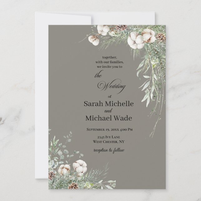Convite Snowy Greenery Wedding Invitation (Frente)