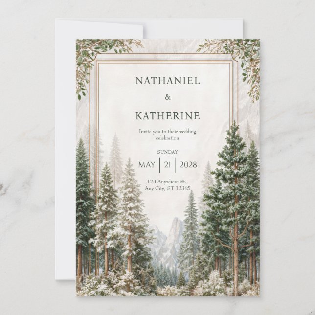 Convite Snowy Mountain Pine Forest Wedding (Frente)