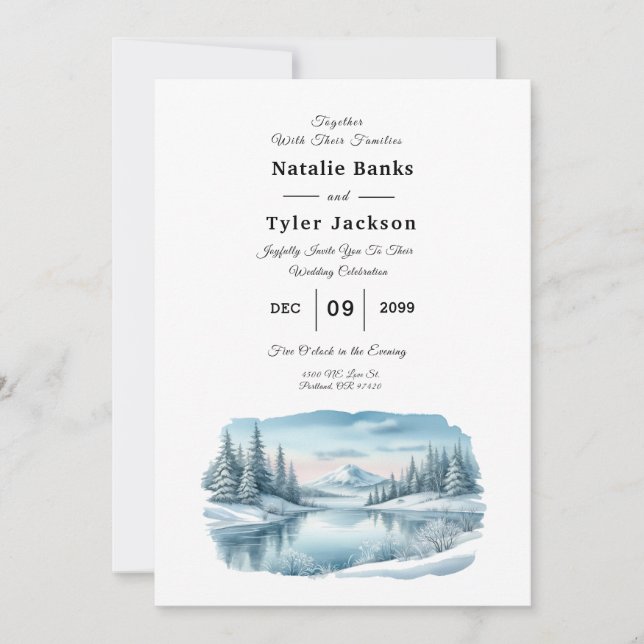 Convite Snowy Mountain Winter Lake Wedding (Frente)