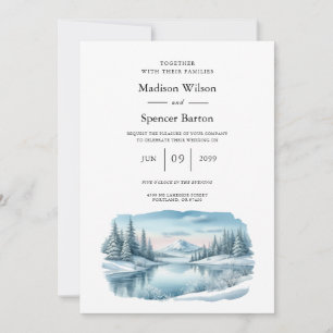 Convite Snowy Mountain Winter Lake Wedding