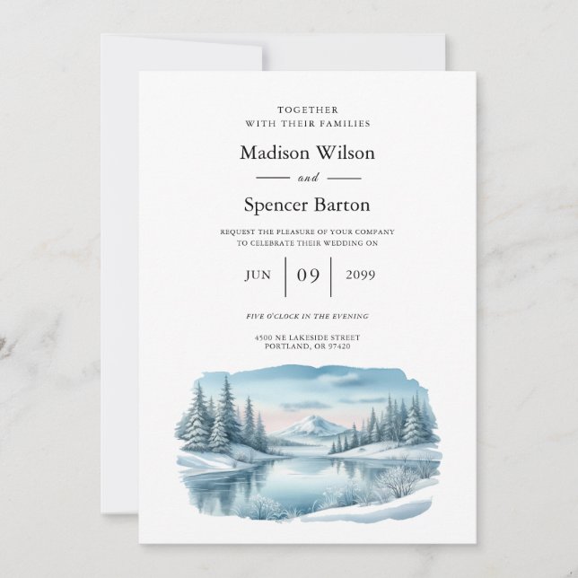Convite Snowy Mountain Winter Lake Wedding (Frente)