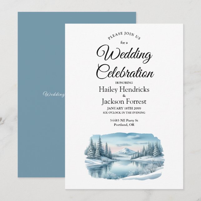 Convite Snowy Mountain Winter Lake Wedding (Frente/Verso)