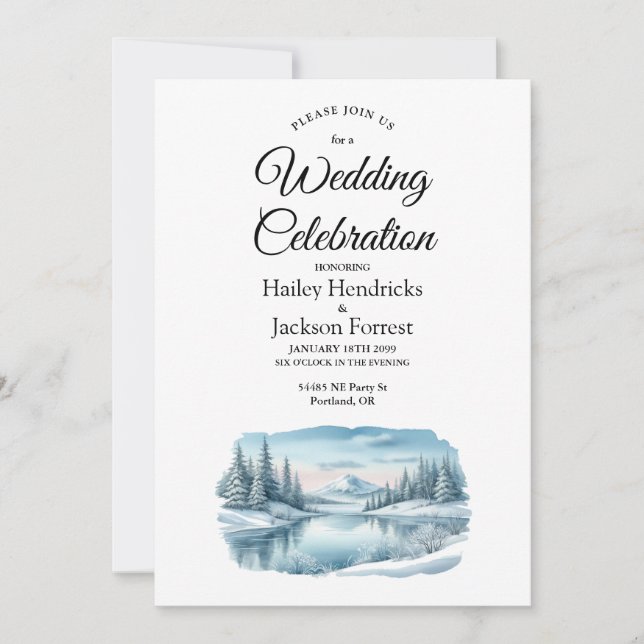 Convite Snowy Mountain Winter Lake Wedding (Frente)