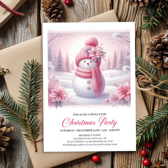 Convite Snowy Pink Coquette Snowman Editable Kids Christma (Snowy Pink Coquette Snowman Editable Kids Christmas Invite)