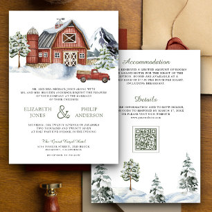 Convite Snowy Red Barn Winter Christmas Código QR Casament