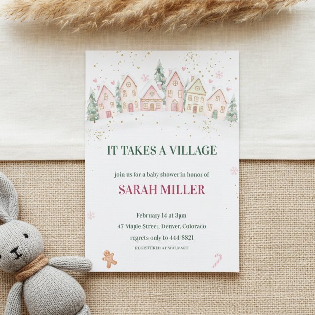 Convite Snowy Village Winter Baby Shower ("Christmas Baby Invite"
"Snow Cottage Shower")