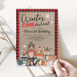 Convite Snowy Winter ONEderland Woodland Forest Birthday<br><div class="desc">Celebrate your little one's 1st birthday with this adorable winter-themed invitation. The sweet design features a group of woodland animals in a vintage red truck,  pine trees and snowy landscape on a cute red & black buffalo plaid background</div>