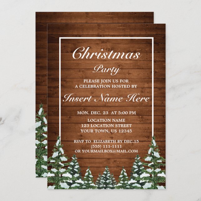 Convite Snowy Wood e Forest Rural Pine Festa de Natal (Frente/Verso)