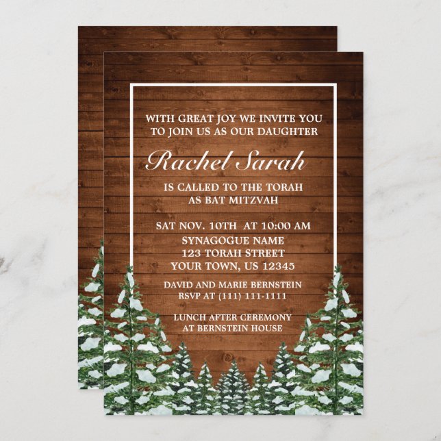 Convite Snowy Wood & Forest Rural Pine Bar Bat Mitzvah (Frente/Verso)