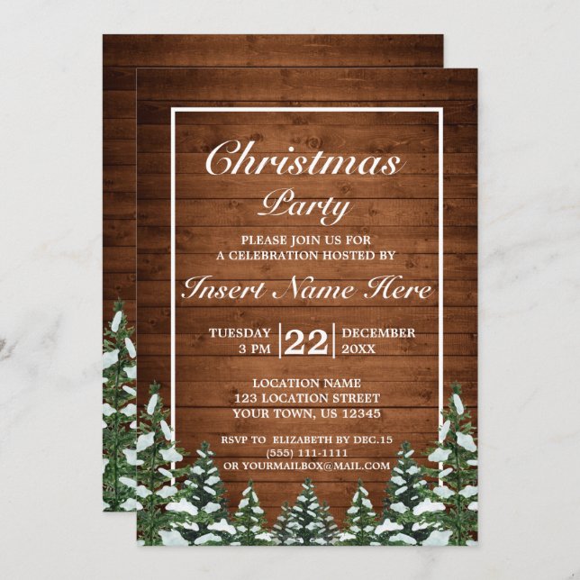 Convite Snowy Wood Forest Rural Pine Feliz Festa de Natal (Frente/Verso)