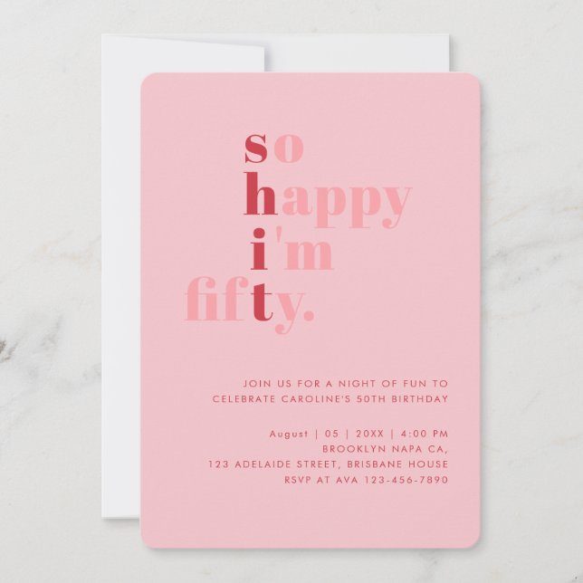 Convite So Happy I'm Fifty | Pink Red Modern Birthday (Frente)