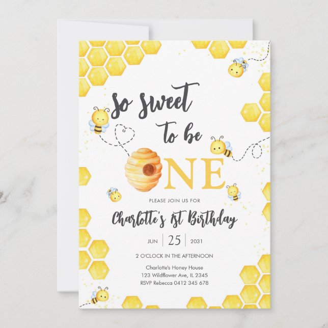 Convite So Sweet To Be One Honey Bee 1st Birthday (Frente)