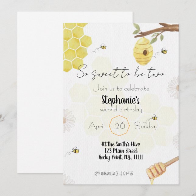 Convite so sweet to be two- bee edit birthday invitation (Frente/Verso)