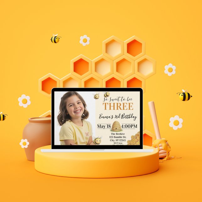 Convite So Sweet to Bee Three, 3rd Birthday with Picture (Criador carregado)