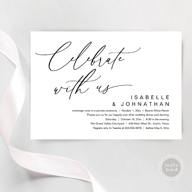 Convite So, We Eloped, Romantic Wedding Dinner Party (Romantic Wedding Dinner Party, Celebrate with us Lunch Brunch Modern Invites Card  PDF White Black)
