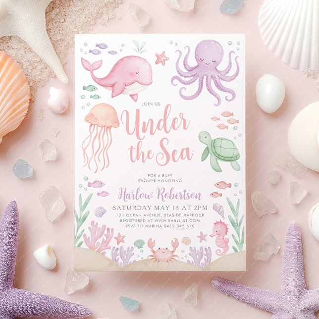 Convite Sob a Chá de fraldas do mar, Garota do Oceano (Under the Sea Girl Baby Shower Invitation | Ocean themed invite in pink purple)