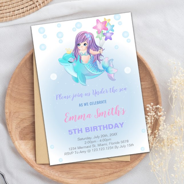 Convite Sob a Festa das Garotas do Mar (Mermaid Birthday Invitations with dolphin)