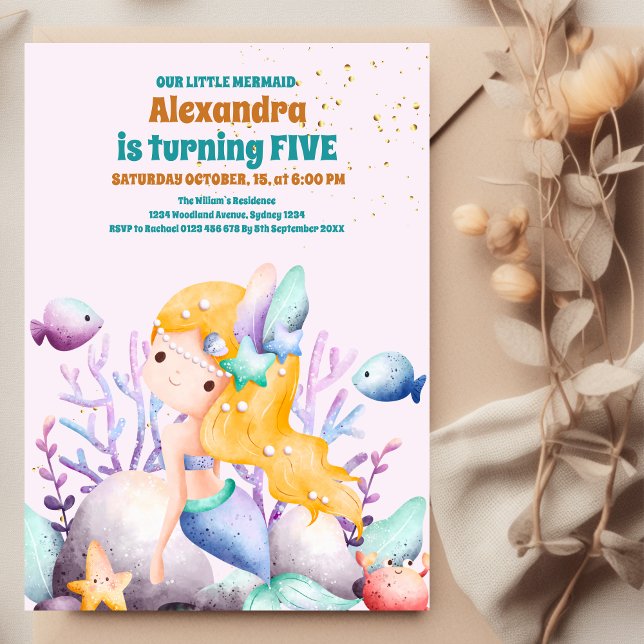 Convite Sob a Festa de aniversário de Sereia das Aquarelas (Criador carregado)