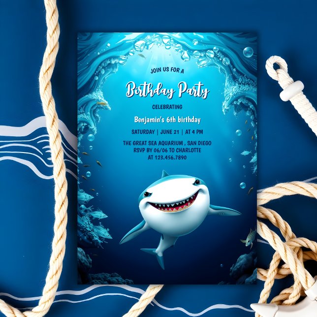 Convite Sob a Festa de aniversário de tubarão para criança (Under The Sea Kids Shark Birthday Party Invitation)