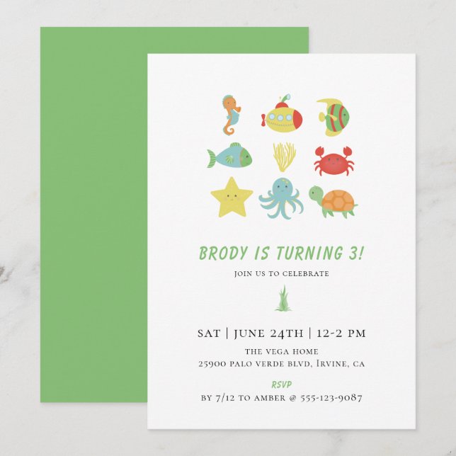 Convite Sob a Festa de aniversário do mar (Frente/Verso)
