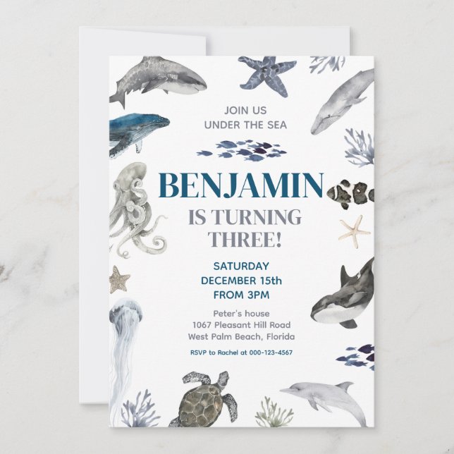 Convite Sob a Festa de aniversário marítima de baleias (Frente)