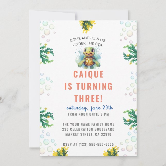 Convite Sob a Festa de aniversário Sea Ocean Turtle Boys (Frente)