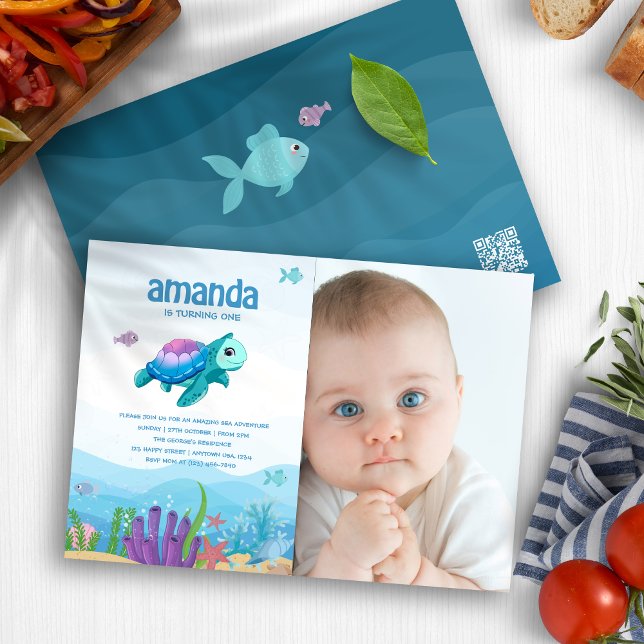 Convite Sob a Festa de primeiro aniversario Sea Baby Girl  (Under the Sea Baby Girl 1st Birthday Party Photo Invitation)