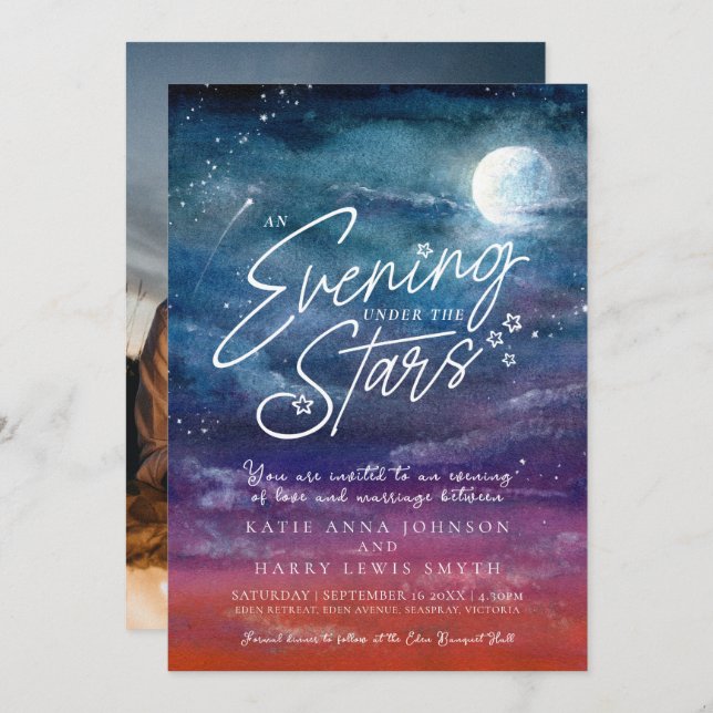 Convite Sob as estrelas, fotografia de casamento da noite  (Frente/Verso)
