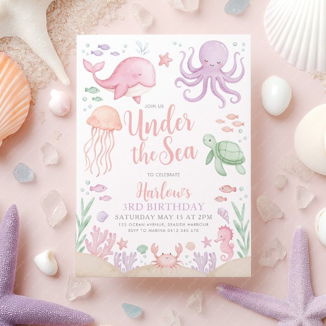 Convite Sob o aniversário da Sea Girl (Under the Sea Birthday Invitation | Girl's ocean animal birthday invite in purple and pink)