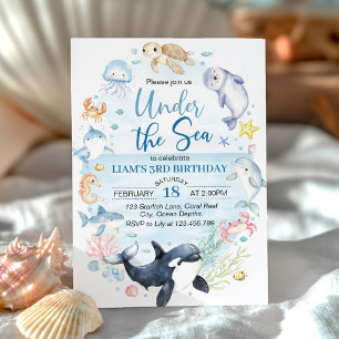 Convite Sob o Aniversário de criança de animais do oceano 