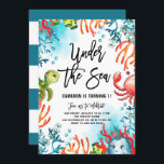 Convite Sob o Aniversário de criança Sea Watercolor Friend<br><div class="desc">Convide familiares e amigos para o seu evento com este convite para aniversários de criança do tema do mar. Apresenta ilustrações de aquarela de uma tartaruga, caranguejo, baleia e corais coloridos. Este convite marítimo é perfeito para a praia e as festas de aniversário de verão. Personalize adicionando nomes, data, hora...</div>