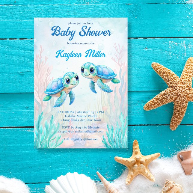 Convite Sob o chá de fraldas da tartaruga-aqua gêmeos azui (Under the sea turtle aqua blue twin boys baby shower invitation template cute sea turtle invites)