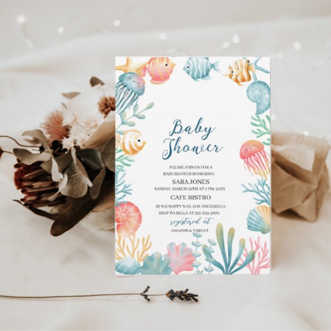 Convite Sob o Chá de fraldas de Aquarela do Oceano Oceano (Criador carregado)