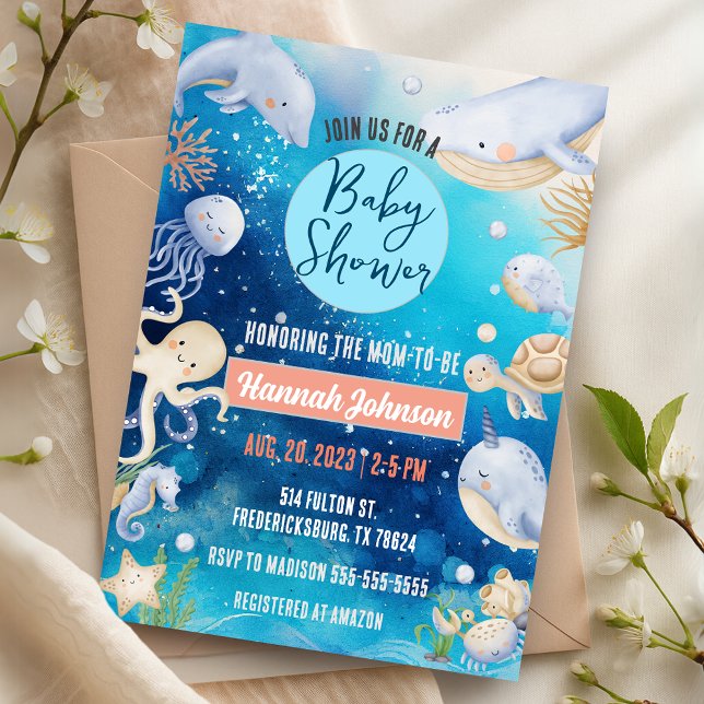 Convite Sob o Chá de fraldas de baleia de animais marinhos (Under the Sea Ocean Animals Baby Boy Girl Baby Shower Invitation)