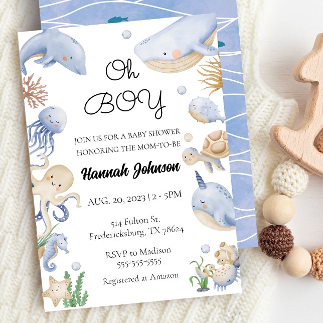Convite Sob o Chá de fraldas Náutico Oh Boy dos Animais do (Under the Sea Animals Nautical Oh Boy Baby Shower Invitation)