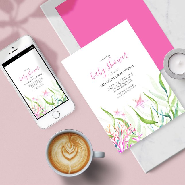 Convite Sob o Chá de fraldas Rosa e Verde do Mar (Baby Shower Invitation Under The Sea Pink and Green )