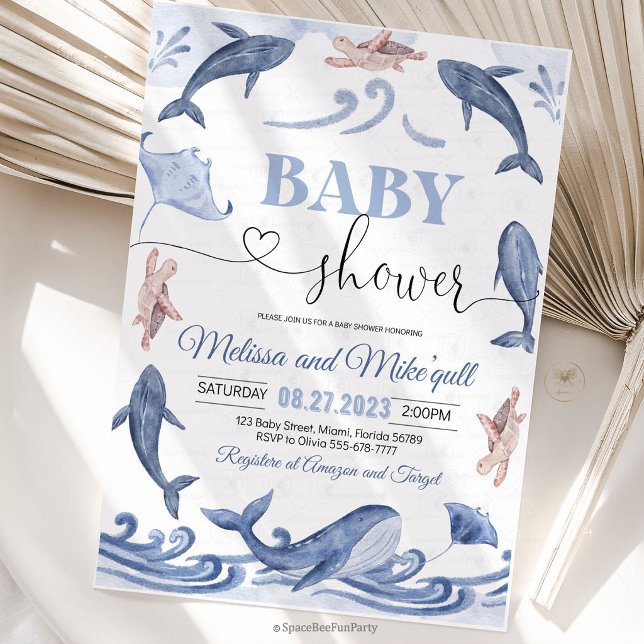 Convite Sob o chuveiro do bebê mar (under the sea baby shower, ocean baby shower invitation, sea theme invite, ocean animals invitation,)