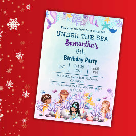 Convite Sob o mar, a sereia e as crianças bonitinhas azuis