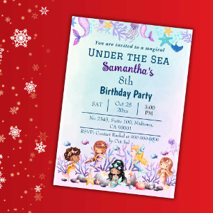 Convite Sob o mar, a sereia e as crianças bonitinhas azuis