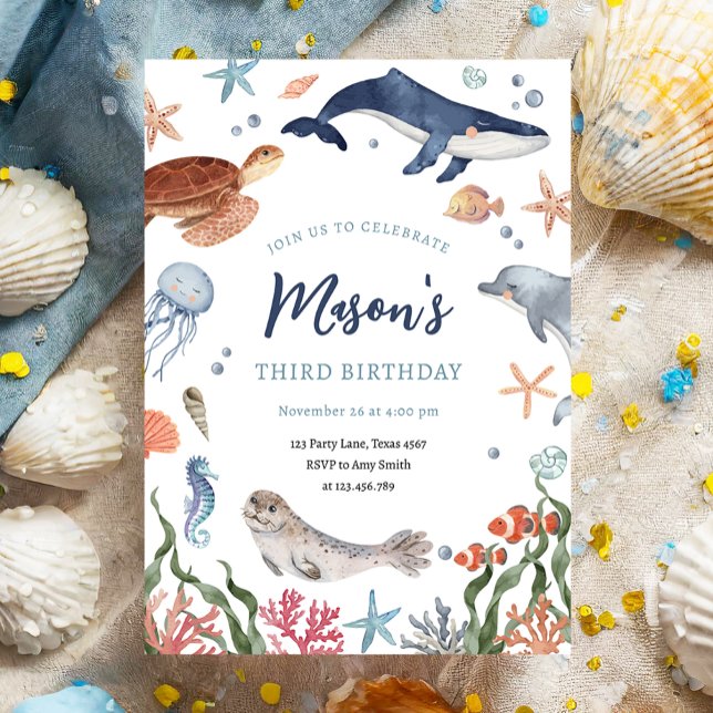 Convite Sob o Mar Animais do Oceano Náutico Menino (Criador carregado)