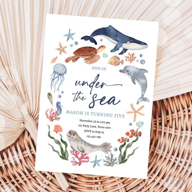 Convite Sob o Mar Animais do Oceano Náutico Menino (Criador carregado)